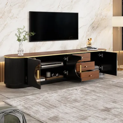 Produktbild von STILVORA TV-Schrank mit braunem Glas und vertikaler Rillenoptik, Lowboard mit Aluminiumgriffen und abgerundeten Kanten, Fernsehschrank aus MDF-Korpus