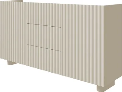 A 3D render of a beige sideboard with fluted doors and three drawers.