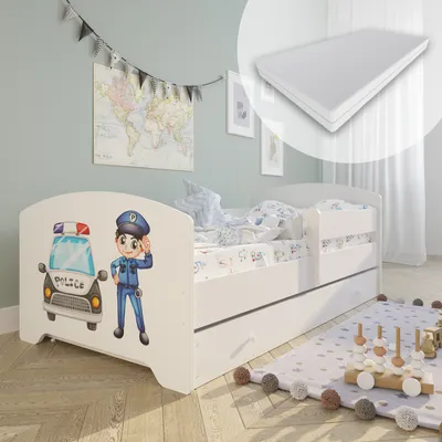 Produktbild von Detská postieľka s matracom a zásuvkou, bezpečnostnými bočnicami a lamelovým rámom biela s policajným motívom 80x160 cm od 3 do 10 rokov
