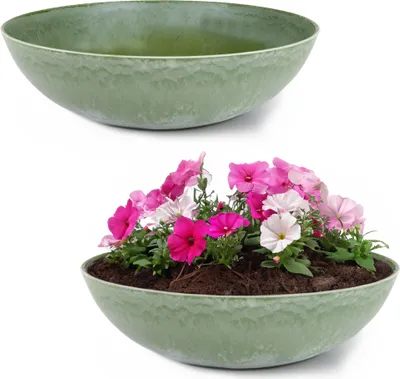 Image de Jardinière ronde ventrue de 30 cm pour l'extérieur, vert marbré