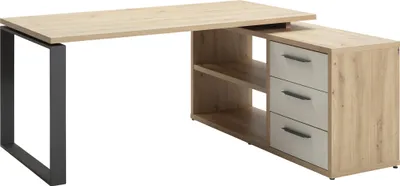 Produktbild von Eck-Schreibtisch DISEGNO mit großer Arbeitsfläche, 3 Schubladen und 2 offenen Fächern, Artisan Eiche Holznachbildung anthrazit