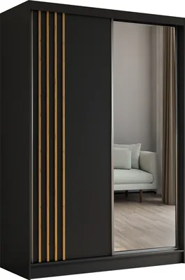 Produktbild von 150 cm Kleiderschrank Neli mit Lamellen und Spiegel inklusive 2 Schiebetüren Schwebetürenschrank (Farbe: schwarz, schwarz, Lamelle Artisan)