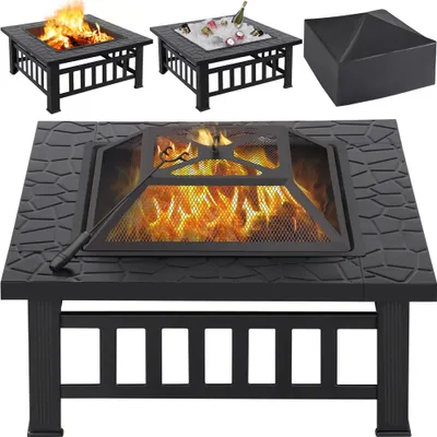 Produktbild von Yaheetech Garten Feuerstelle 81.2x81.2x36.50cm, Quadratisch Feuerschale, Feuerkorb mit wasserfester Schutzhülle, Fire Pit für Terrasse&Garten, Funkenschutzgitter, Ofenheizung Outdoor, für Wintertag