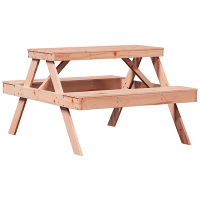 A wooden picnic table with benches, shown from a slightly elevated side angle against a white background.