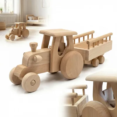 Produktbild von HOLZTRAKTOR MIT ANHÄNGER Buchenholz 42 cm POLNISCHES HANDWERK