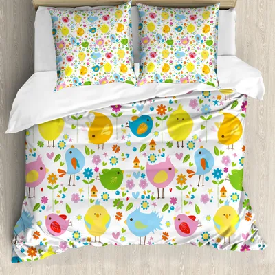 Produktbild von ABAKUHAUS Vögel Bettbezug Set, Bunte nette Frühlings-Vögel mit Blumen-Grafik für Kindernatur-Design-Muster, 200 x 200 cm + 80 x 80 cm, Mehrfarbig