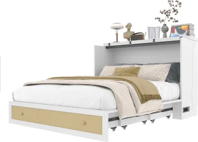 A white murphy bed with a gold patterned drawer front, pulled out and made with tan and white bedding.