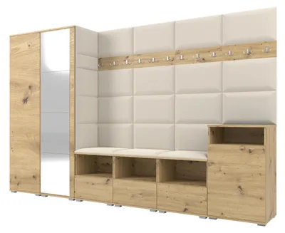 Obrázek produktu pro Šatní skříň NELA XII 300 cm – modulární nábytek do předsíně Artisan v dubovém provedení se zrcadlem a sedákem v krémové barvě 01 (obří sada)