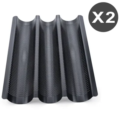 Produktbild von 2 x Baguette Backform, Baguette Backblech 3 Brotrillen, Baguetteform mit Antihaftbeschichtung, Backform Für Baguette ca.38,5 x 28,5 x 3,5 cm, Schwarz