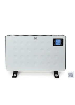 A white electric heater with a digital display, shown on a white background with its feet attached.