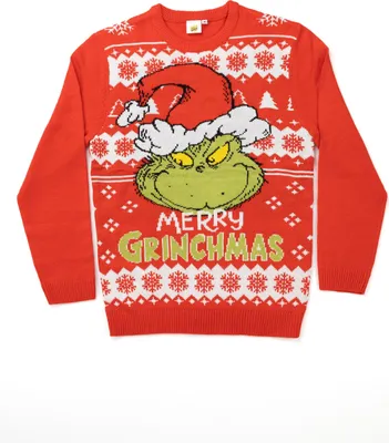 A red Christmas sweater with a Grinch design and the text 'Merry Grinchmas'.