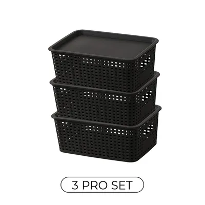 Immagine prodotto di Scatole portaoggetti, set da 3 da 5 litri con coperchio, scatole organizer in plastica intrecciata, impilabili con manici, 27,7×18,2×10,2 cm,  per cucina, armadio e casa