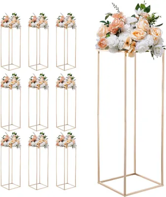 Zdjęcie produktu dla SucceBuy stojak na kwiaty ślubne 280x280x800mm, 10 sztuk stojaka na kwiaty, prostokątny metalowy stojak na rośliny w kolorze złotym na przyjęcia, urodziny, wesela i dekoracje stołu