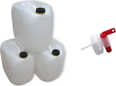 Produktbild von 3 Stück 30 Liter L Kanister Camping & Outdoor Wasserkanister Farbe natur lebensmittelecht dicht + Hahn (3x30 knn + H.)