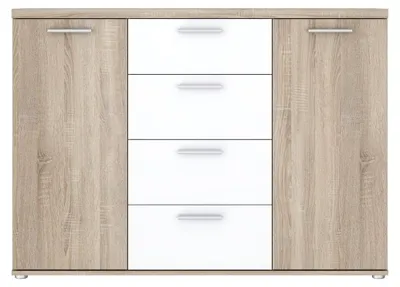 Produktbild von Kommode Winnie mit 2 Türen und 4 Schubladen, Holzwerkstoff, Sonoma Eiche / Weiß, B x H x T: 129,6 x 93 x 38 cm