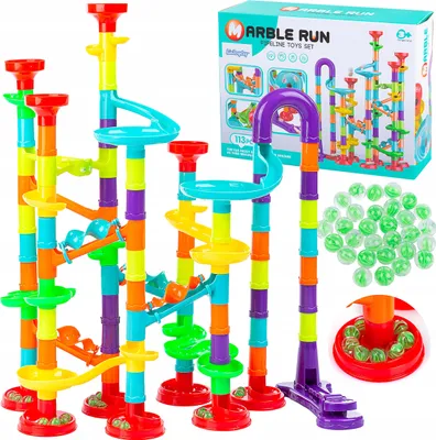A colorful marble run toy set with many pieces and marbles, along with its packaging.