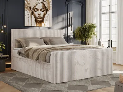 Produktbild von MKS MEBLE Boxspringbett Cord 160x200, Polsterbett Bett Cord, Boxspringbett mit Matratze H4, Bett 160x200 mit Bettkasten und Kopfteil, Doppelbett mit Stauraum, Topper T25 -Tiliano Duo - Beige Cord - H4