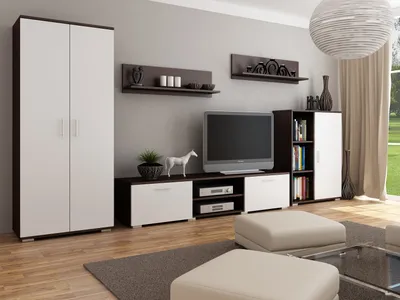 Obrázek produktu pro Nástěnná skříň California Per La Vita Wenge-White Moderní šatní skříň, skříňka do obývacího pokoje s TV stolkem, příborníkem a nástěnnou policí,