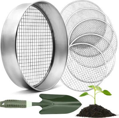 Produktbild von HappySeed Gartensieb rund 30 cm mit 5 austauschbaren Siebeinsätzen - Kompostsieb aus Edelstahl für Erde, Kompost, Saatgut - inklusive Gartenschaufel