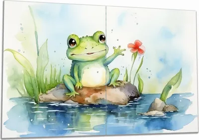 Produktbild von Wallario Herdabdeckplatte aus Glas, Größe 80 x 52 cm 2-teilig, Motiv Frosch in Aquarell