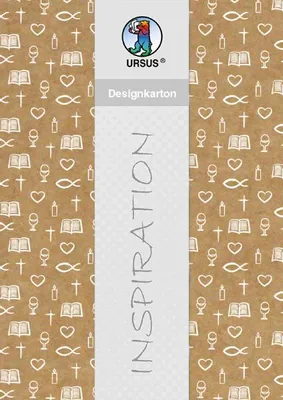 A product image for design paper with religious symbols. The paper has a brown background with white icons of crosses, hearts, fish, candles, chalices, and open books. A vertical white strip in the center features the brand logo, the text 'Designkarton', a