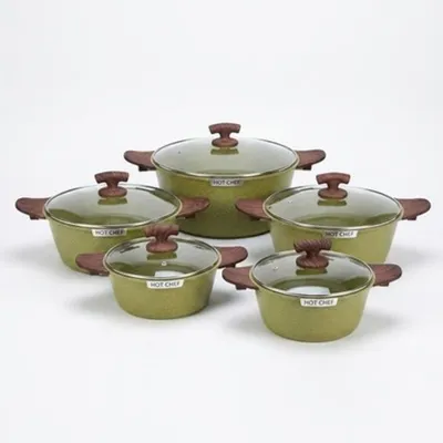 Produktbild von Hot Chef Topfset 10-teilig Granit-Optik Grün Antihaft Glasdeckel Holzgriff