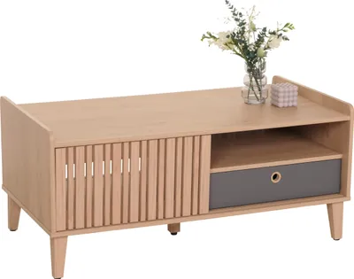 Produktbild von Couchtisch MCW-M48, Wohnzimmertisch Tisch Sofatisch, 52x114x59cm beige, Schublade grau