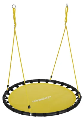Zdjęcie produktu dla Huśtawka typu gniazdo Relaxdays, okrągła huśtawka wisząca, dla dzieci i dorosłych, z regulacją, do użytku na zewnątrz, średnica: 120 cm, nośność do 100 kg, kolor żółty