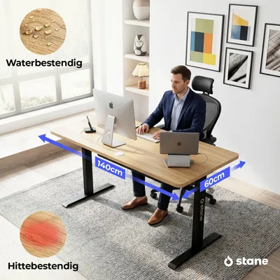 Image de Bureau réglable électriquement - Plateau de travail de 140x60 cm - Plateau en bois de chêne