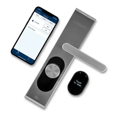 A smart lock, a smartphone displaying a lock app, and a key fob are arranged on a white background.