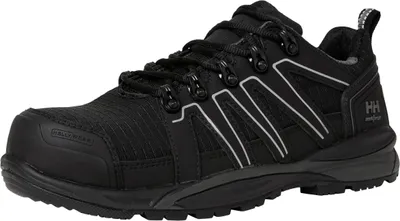 A black work shoe with white accents.