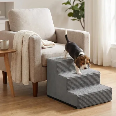 Produktbild von FEANDREA Hundetreppe für Kleine Hunde, 3 Stufen Waschbare Katzentreppe aus Schaumstoff für Sofa, 46 x 40 x 33 cm, Grau