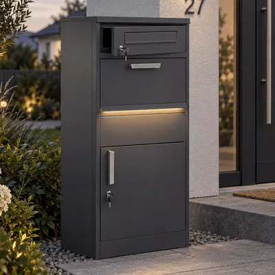 Produktbild von Paketkasten mit LED-Licht HWC-R36, Paketbox Standbriefkasten Briefkasten Beleuchtung, Metall 112x50x57cm anthrazit