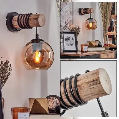 Produktbild von Cesaro Wandlampe aus Metall/Holz/Glas in Schwarz/Natur/Bernstein