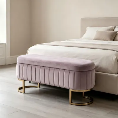 Immagine prodotto di Divano imbottito MODFU con spazio contenitore, panca da letto rosa, panchina imbottita con gambe in metallo, 130x42 cm, panca con rivestimento in velluto