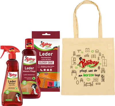 Produktbild von Poliboy Leder Pflege Set 575ml - verschiedene Pflegeprodukte inkl. Baumwollbeutel