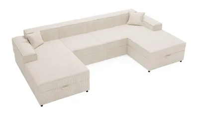 Zdjęcie produktu dla ANMIL, narożnik SANTI, kształt U, 320 × 79 x 166 cm, kolor kremowy. Rozkładana sofa z funkcją łóżka i dwoma pojemnikami na pościel, obita tkaniną POSO-Cord