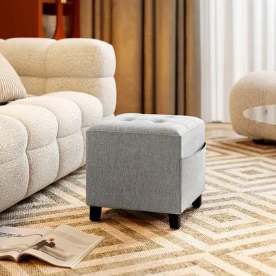 Produktbild von SUGIFT Fußhocker mit Seitentasche, Sitzhocker Leinenoptik, Polsterhocker Stoff, Hellgrau | 35 x 35 x 35 cm | bis 120 kg | Gummibaumholzbeine