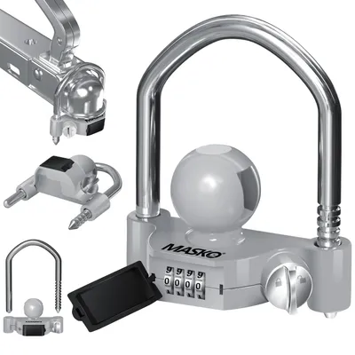 Immagine prodotto di MASKO® Serratura per rimorchi con combinazione numerica a 4 cifre, adatta per attacchi standard per rimorchi, blocco per sfera di traino, facile da montare, protezione antirapina per caravan, rimorchi e sistemi antifurto per il traino. Realizzata con robusti bracci in acciaio