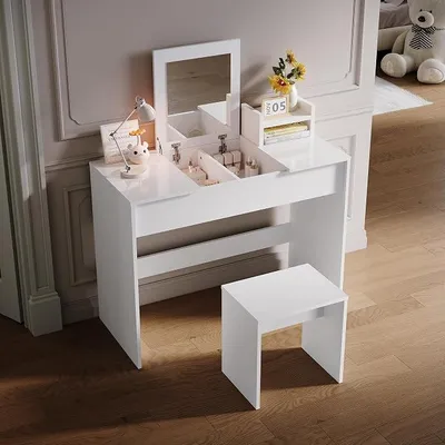 Productafbeelding van Kaptafel, make-uptafel met opklapbaar spiegeltje, krukje, wit, 100x45x76 cm