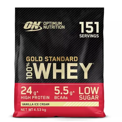 Produktbild von Optimum Nutrition Gold Standard 100% Whey, Pulver, Molkenproteinkonzentrat, Molkenprotein isoliert, Vanille, Gold Standard 100% Whey Protein wird am besten gleich am Morgen nach dem Aufstehen und/oder..., 24 g, 113 kcal