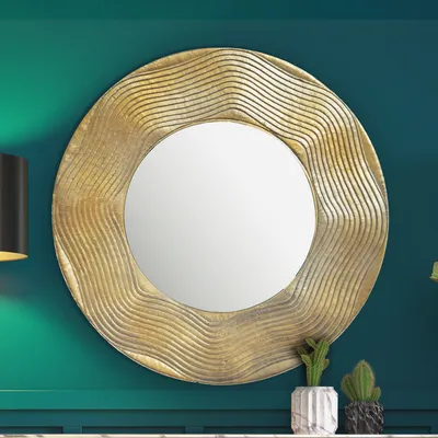 Produktbild von Wandspiegel 74 cm Metall Design Hängespiegel Gold, Aluminium Dekospiegel Rund mit Rahmen Wellenmuster, Spiegel Wand Groß, Flurspiegel Garderobenspiegel Modern