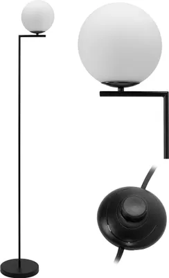 A floor lamp with a spherical shade and a foot switch.