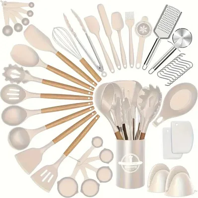 A collection of beige silicone kitchen utensils with wooden handles, neatly arranged.