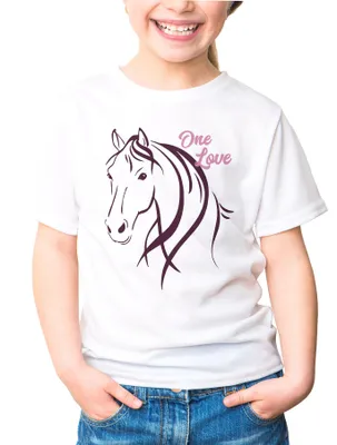 Produktbild von Kinder T-Shirt Mädchen Pferde-Motiv Reiten Geschenk für Pferdeliebhaber Mädchen Geburtstag Weihnachten Moonworks® weiß 122-128 (7-8 Jahre)