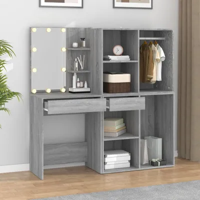 Produktbild von The Living Store LED-Schminktisch mit Schränken Grau Sonoma Holzwerkstoff