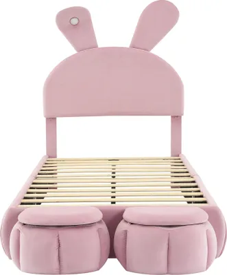 Produktbild von Flieks Polsterbett Kinderbett 90x200cm mit 2 Sitzbank, Einzelbett Jugendbett Holzbett mit Led, Bett mit Kaninchenohrenförmigem Kopfteil, Samt, Rosa