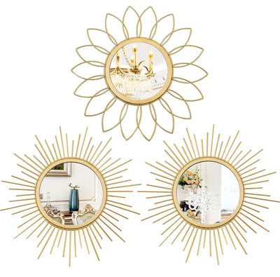 Productafbeelding van Spiegels voor aan de muur, goudkleurig, 3 stuks, metaal, zonmotief, wanddecoratie