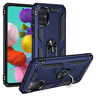 A blue protective phone case with a ring stand is shown from multiple angles, with a smartphone screen visible in the background.