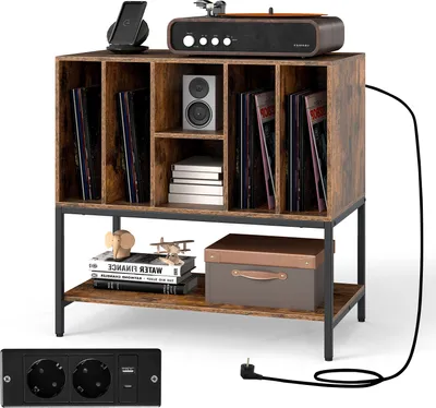 Produktbild von KOMFOTTEU Plattenspielerständer mit Ladestation, Vintage-Vinylplattenhalter mit 6 Fächern und offener Ablage, Display für Vinylplatten mit Loch für Kabel, 80 x 45 x 79,5 cm (braun)